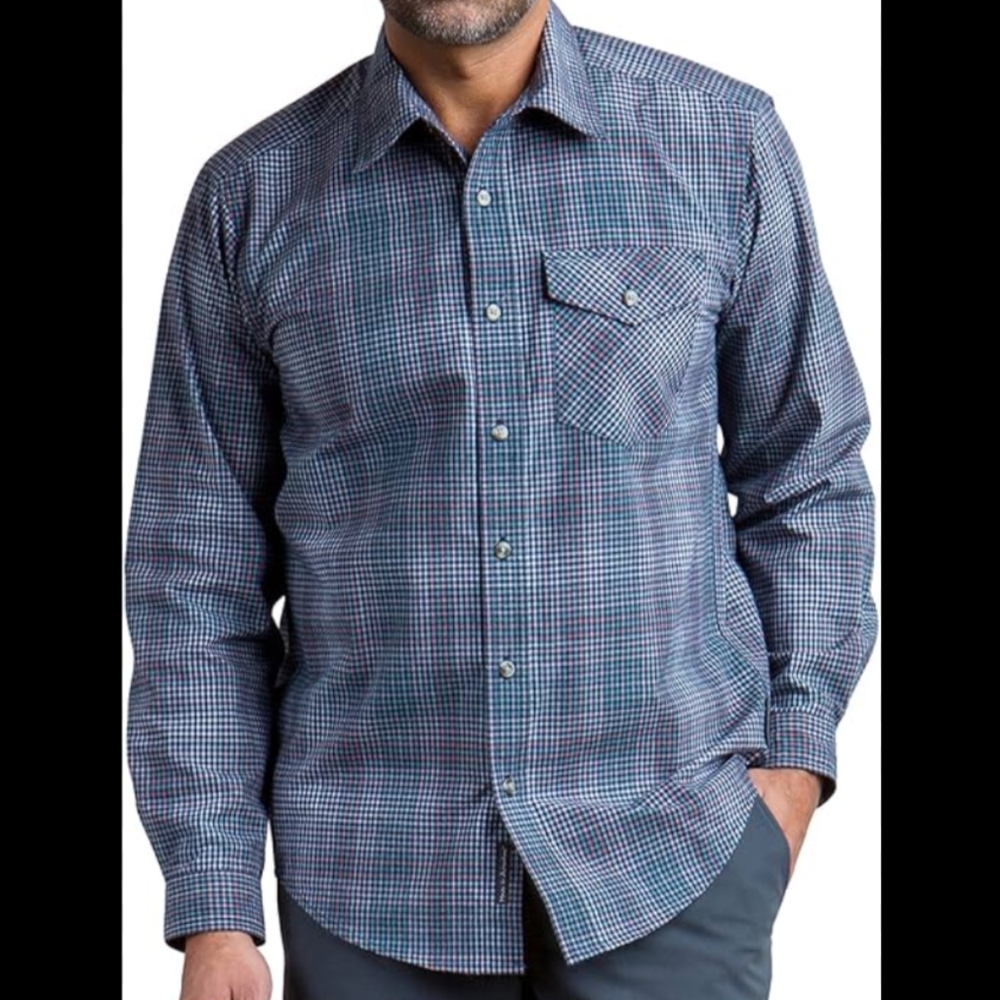 ExOfficio Men's Okanagan Mini Check Long Sleeve Navy/Blue Marine Size Small New